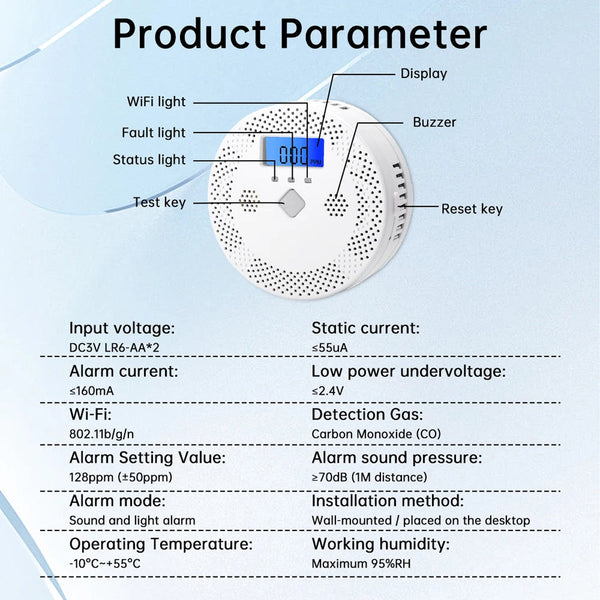PralliRes Smart Carbon Monoxide Detector with Tuya App WiFi Notifications