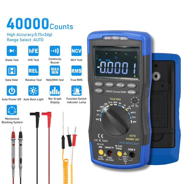 TrusMeaz 40,000 Count True RMS Digital Multimeter with Safety Shutters