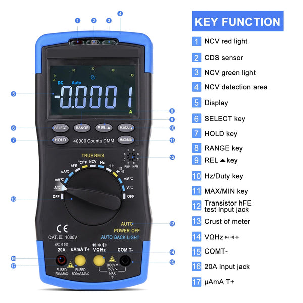 TrusMeaz 40,000 Count True RMS Digital Multimeter with Safety Shutters